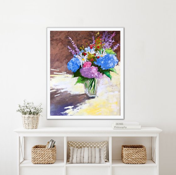 Bouquet flowers in vase, still life painting with flowers