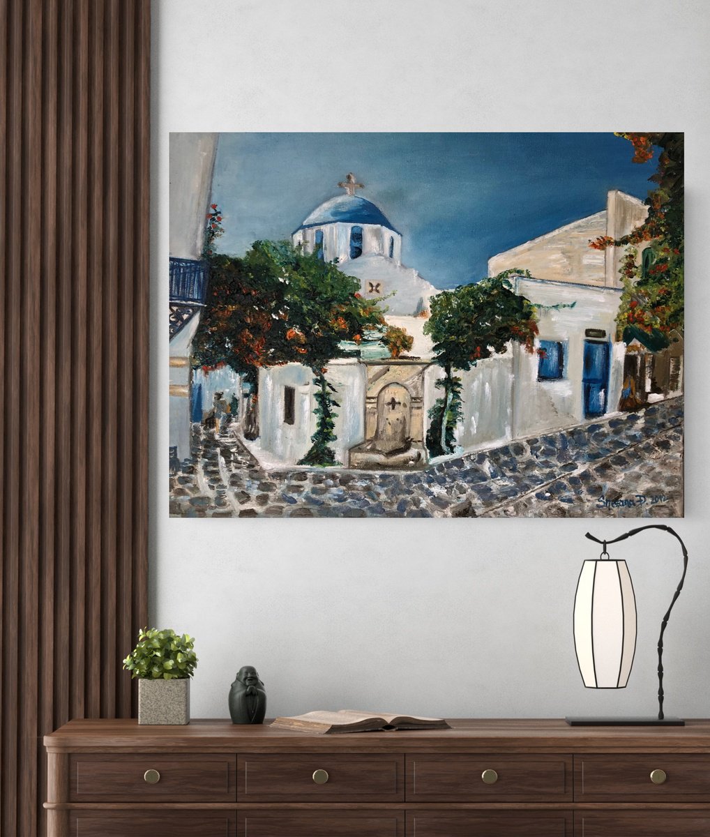 Abstract Cityscapes Oil Painting By Snezana Djordjevic, 20 X 16", Paros ,Greece, Original Artwork