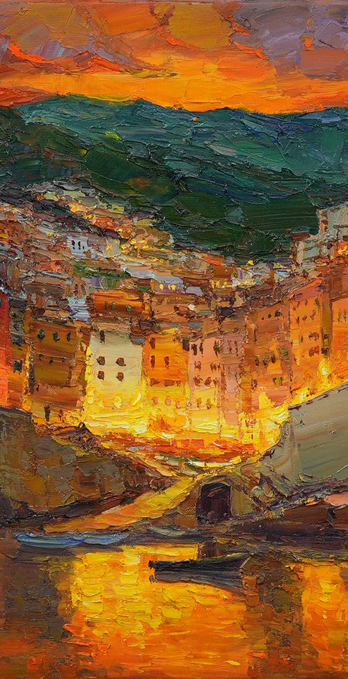 Evening Riomaggiore Italy by Alisa Onipchenko-Cherniakovska