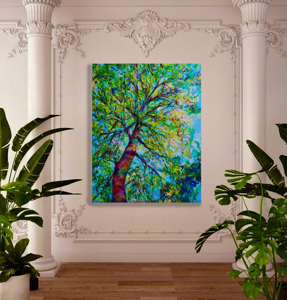 Oversize Tree Painting Extra Large Thick Textured Canvas Colorful Modern Oil Artwork Vertical Abstract Original Art 40 by 32"