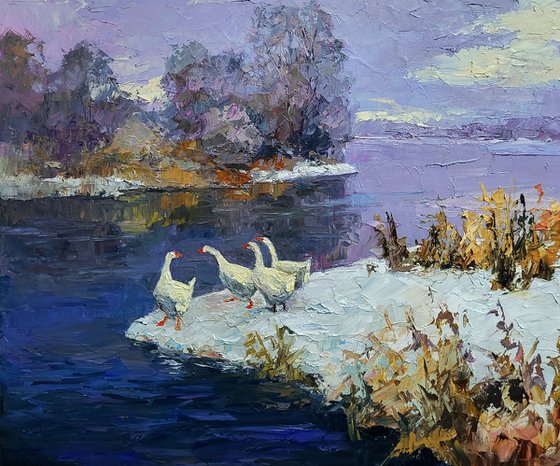 Geese On A Pond In Winter