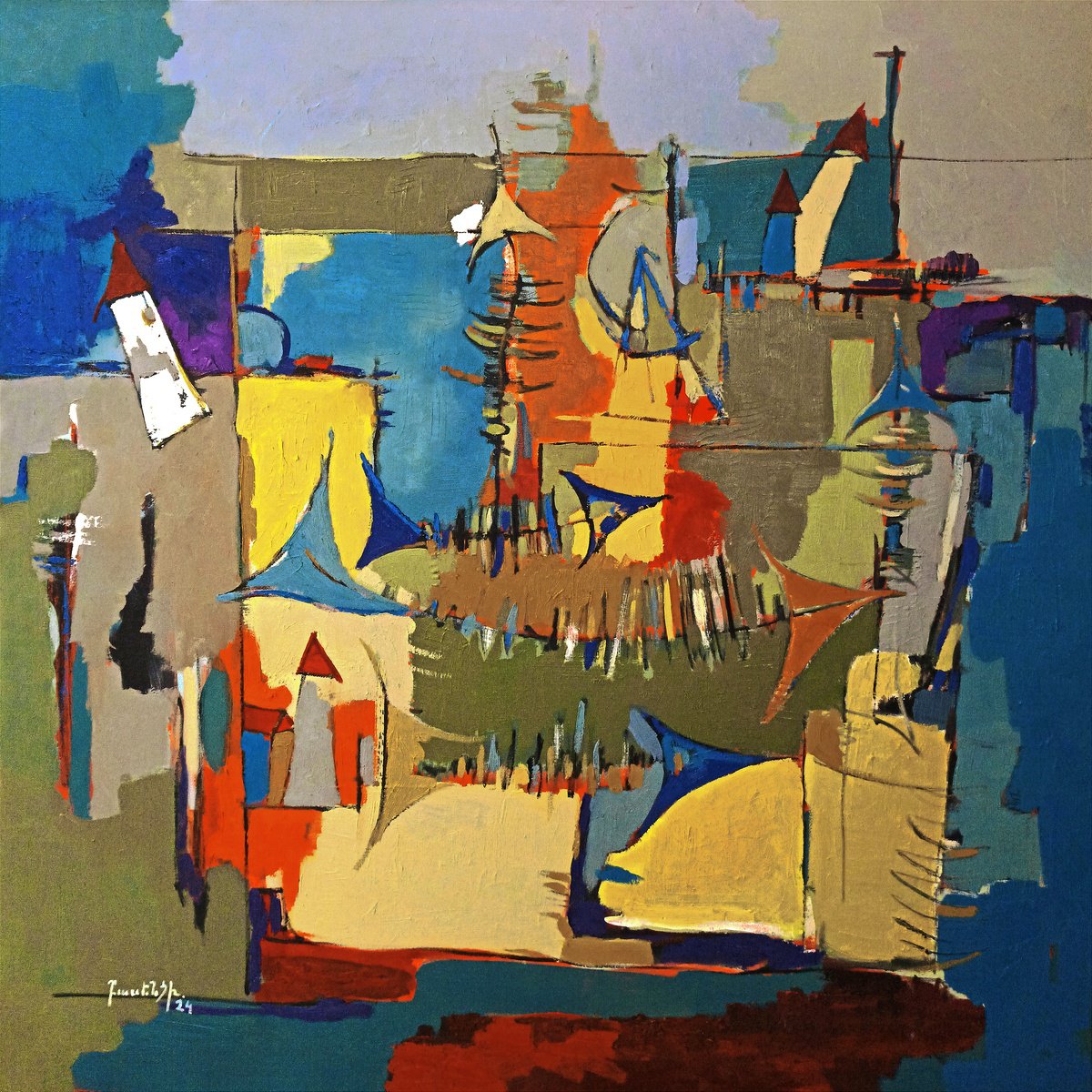 Abstract Oil Painting By Artyom Basenci, 39 X 39, Urban Fragments, Original Artwork