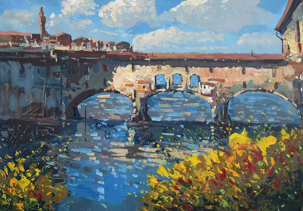 Expressive Cityscapes Oil Painting By Agostino Veroni, 40 X 27, Ponte Vecchio Florence Oil Painting On Canvas, Original Artwork