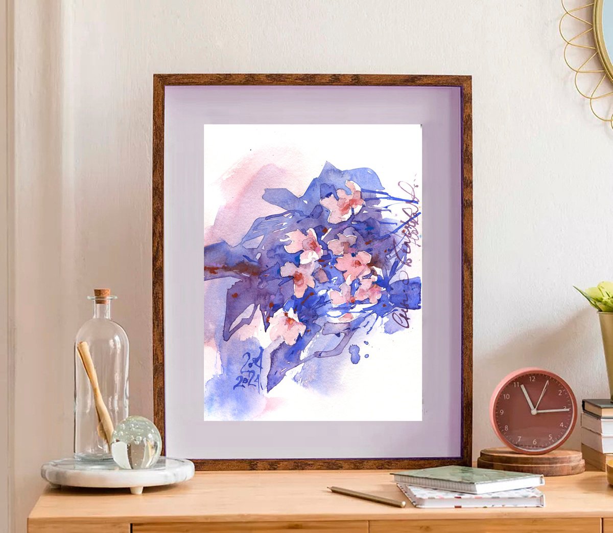 Dreams of White Nights original watercolor in blue and orange tones blooming branches by Ksenia Selianko