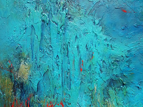 Blue Abstract Seascape Textured Painting Navy, Teal, Red, Silver, Gold. Modern Art with Heavy Texture. Abstract Landscape Contemporary Artwork for Livingroom or Bedroom