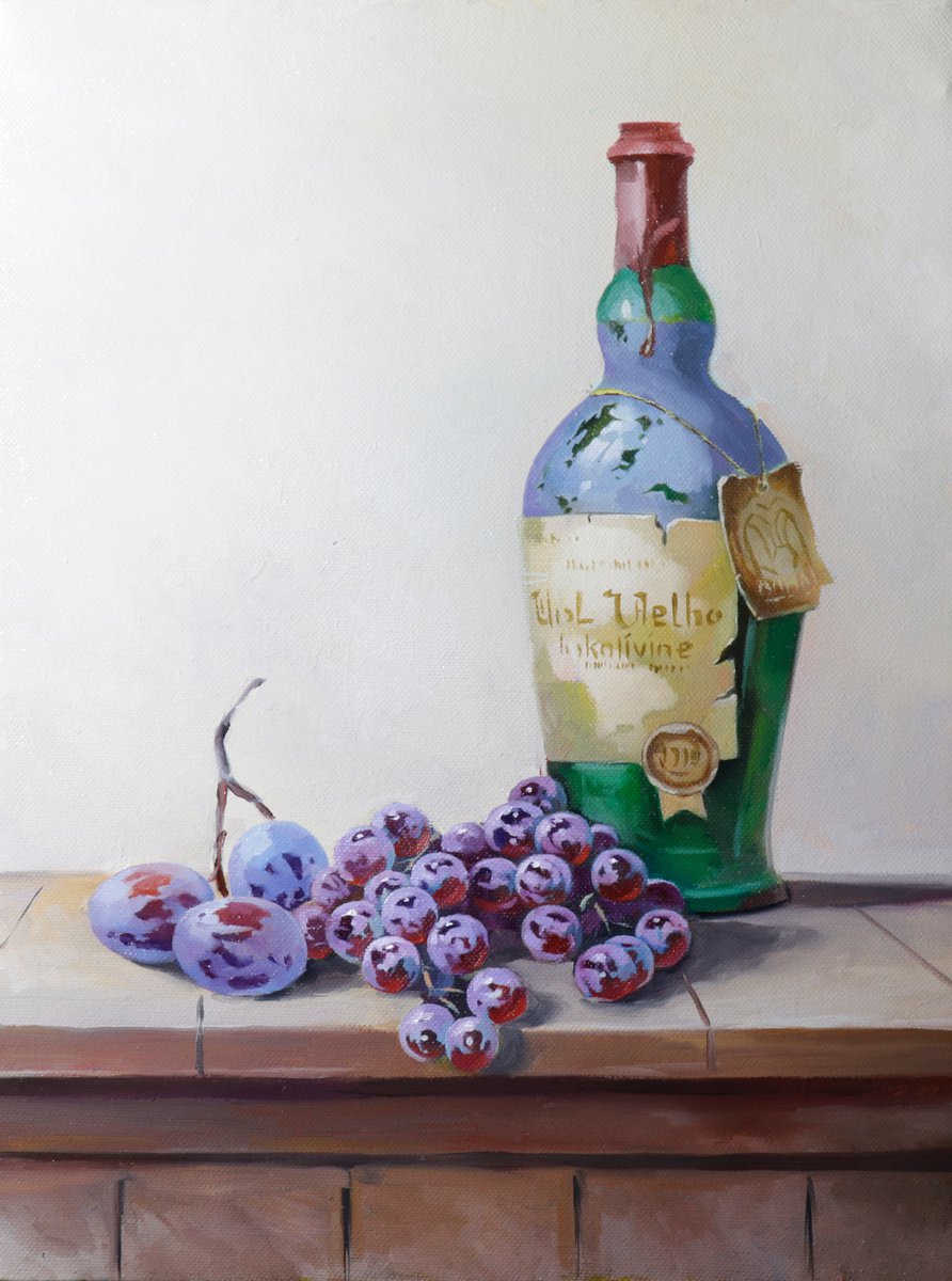 Photorealistic Still Life Oil Painting By Ara Gasparian, 12 X 16, Still Life Fruits And Bottle, Original Artwork