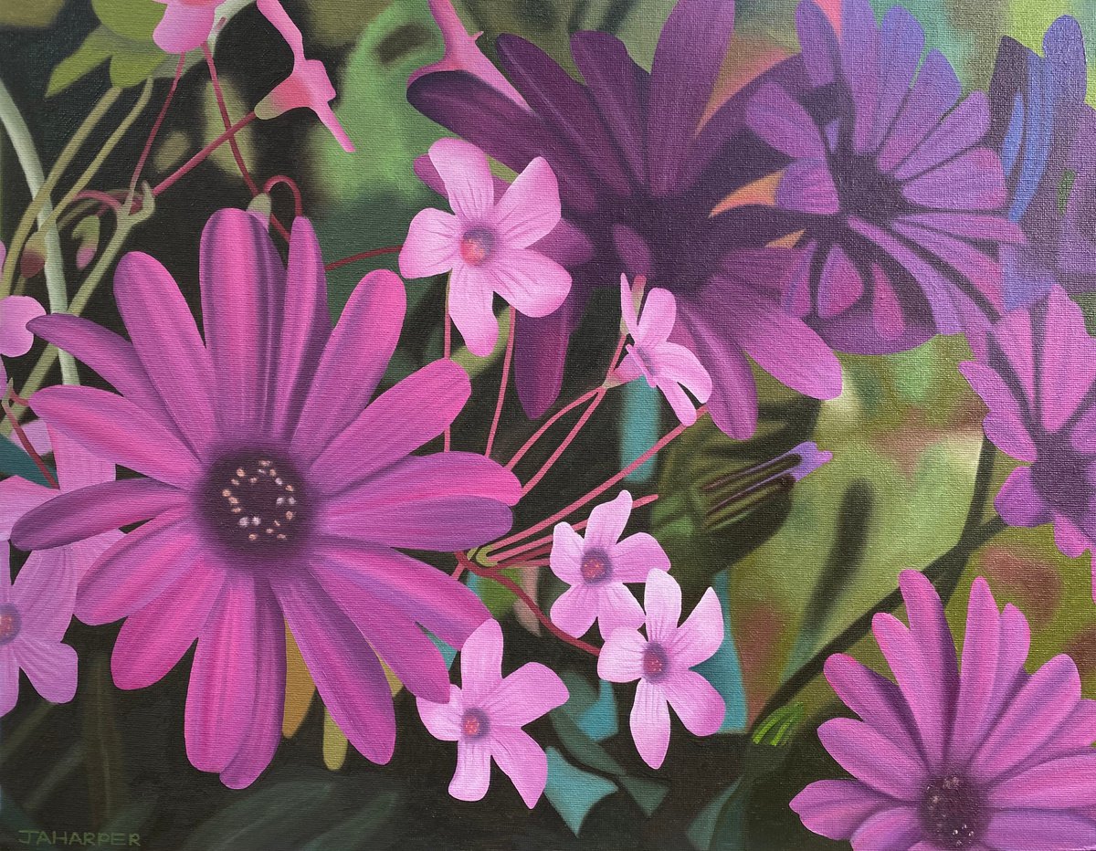 Photorealistic Botanical Oil Painting By Jill Ann Harper, 20 X 16, Purple Meadow, Original Artwork