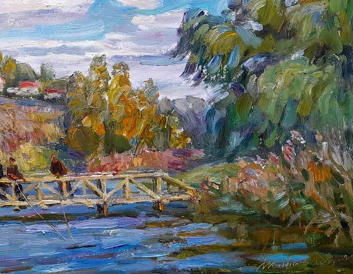 Impressionistic Landscape Oil Painting By Ivan Kovalenko, 20 X 15, Fishermen On The Bridge, Original Artwork