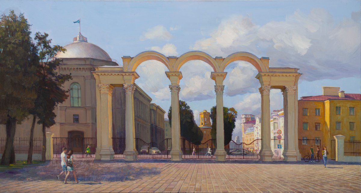 Impressionistic Cityscapes Oil Painting By Igor Sventitski, 51 X 28, The Stalin Empire Style In Minsk, Original Artwork