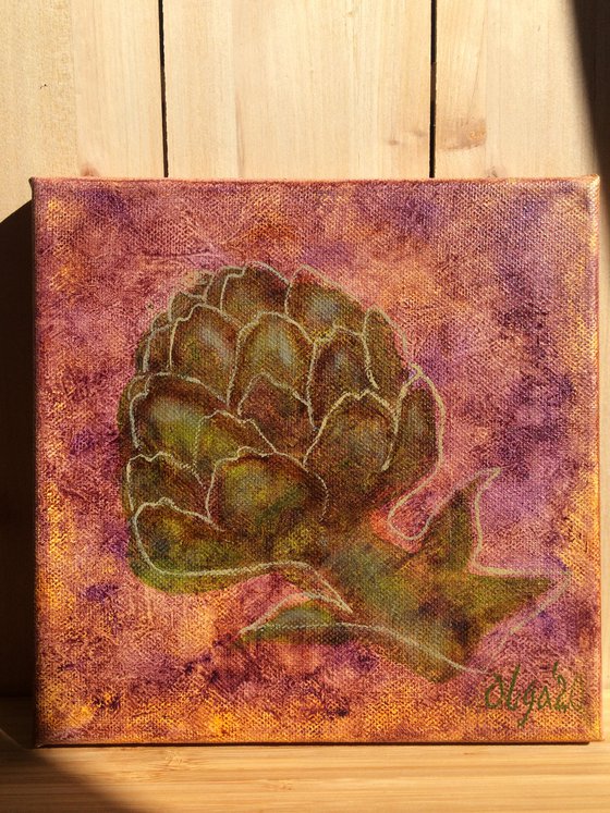 Flower oil painting - Artichoke original small canvas - Food wall art - Kitchen shelf painting