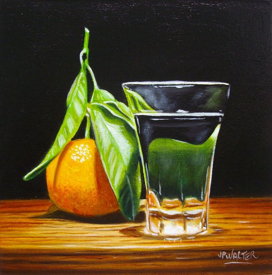 Still life with Clementine and shot glass
