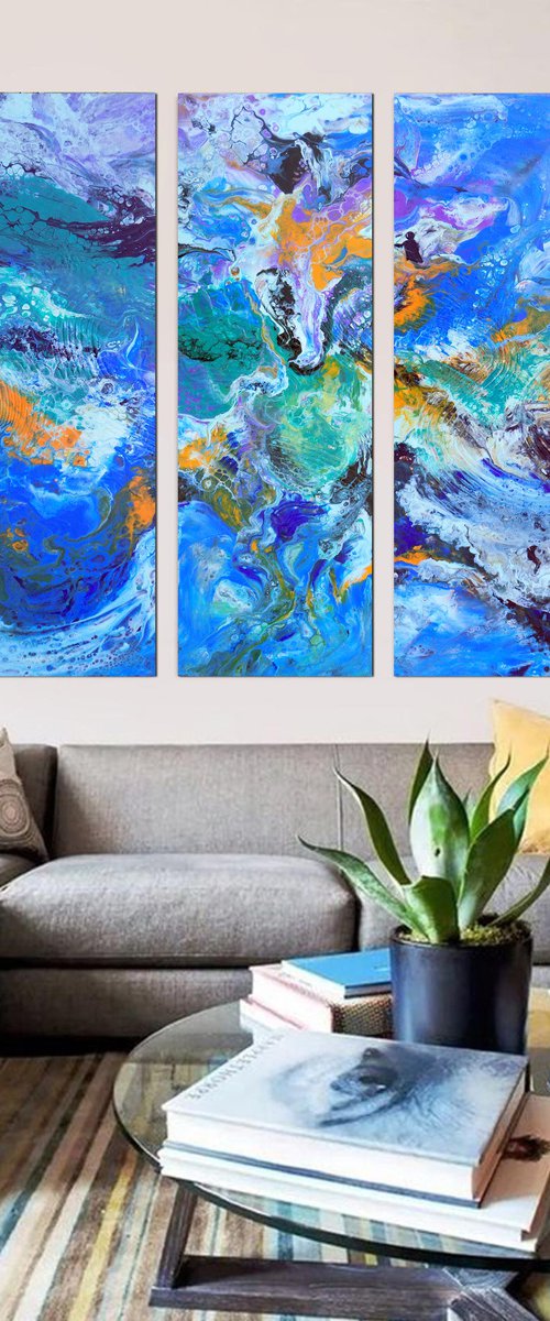 Summer vibes *- Large abstract triptych, three multi panel painting, contemporary artwork by Areti Ampi