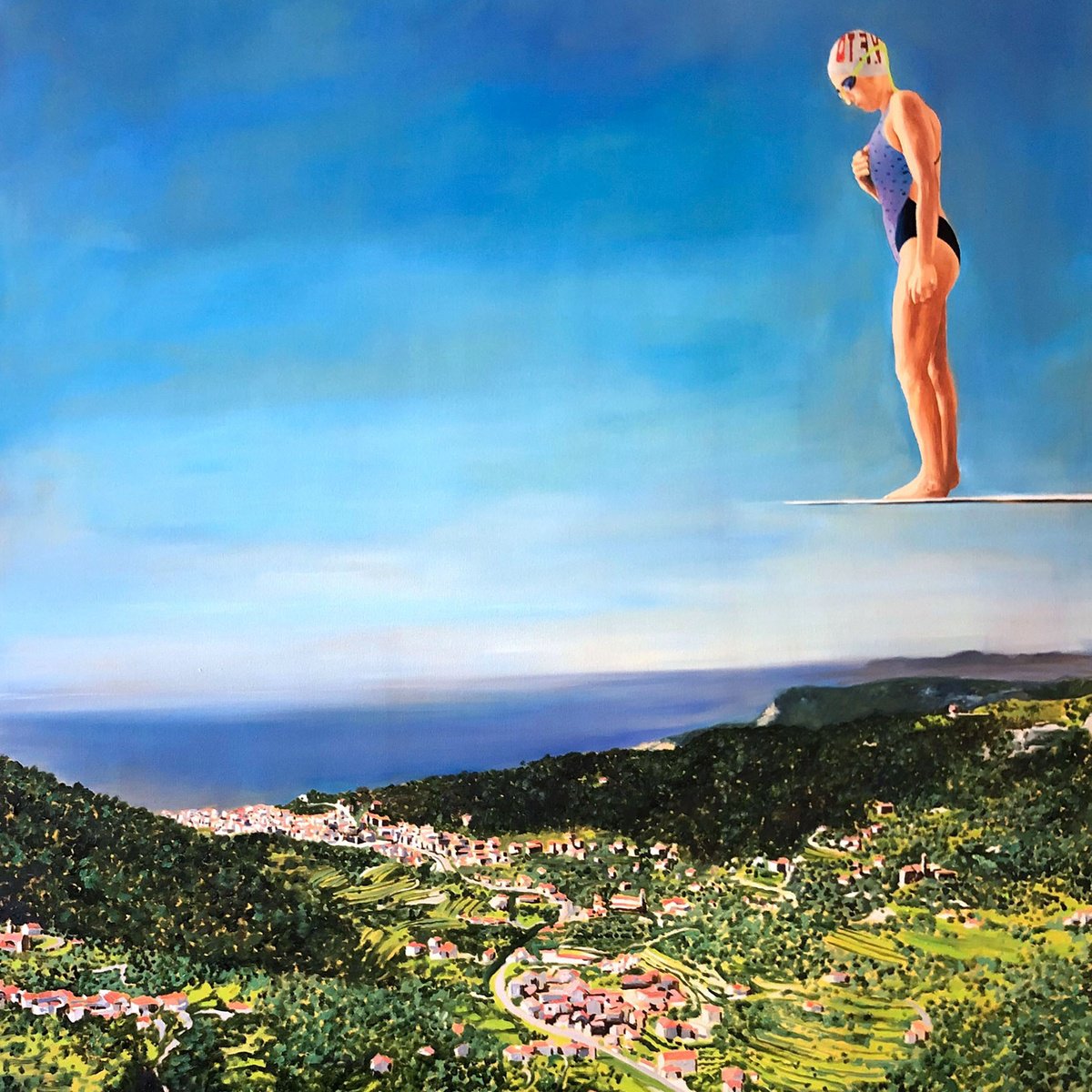 Surrealistic Landscape Oil Painting By Sofia Fresia, 39 X 59", The Pool. Finale Ligure, Original Artwork