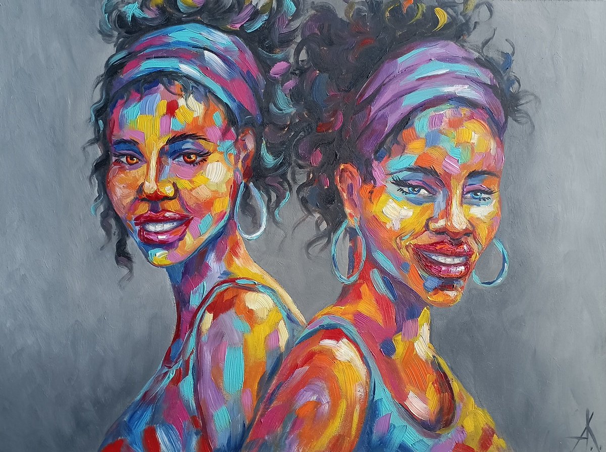 Girlfriends - african motives, portrait, oil painting, woman, face oil painting, Africa oi... by Anastasia Kozorez