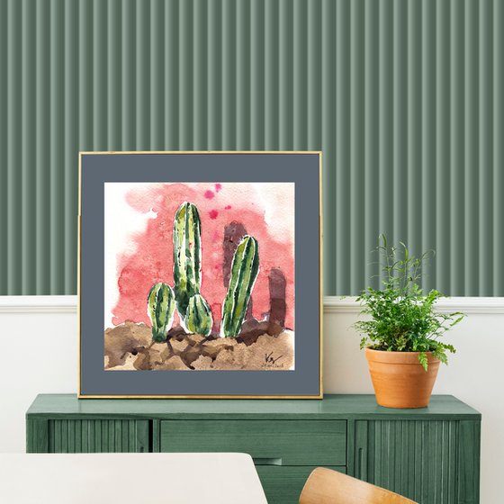 Watercolor sketch "Cacti against a bright wall" original illustration