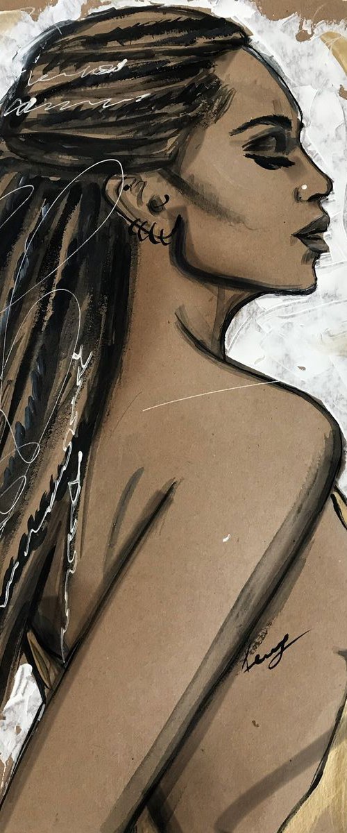 Original acrylic/ink painting african beauty Zoe by Leysan Khasanova