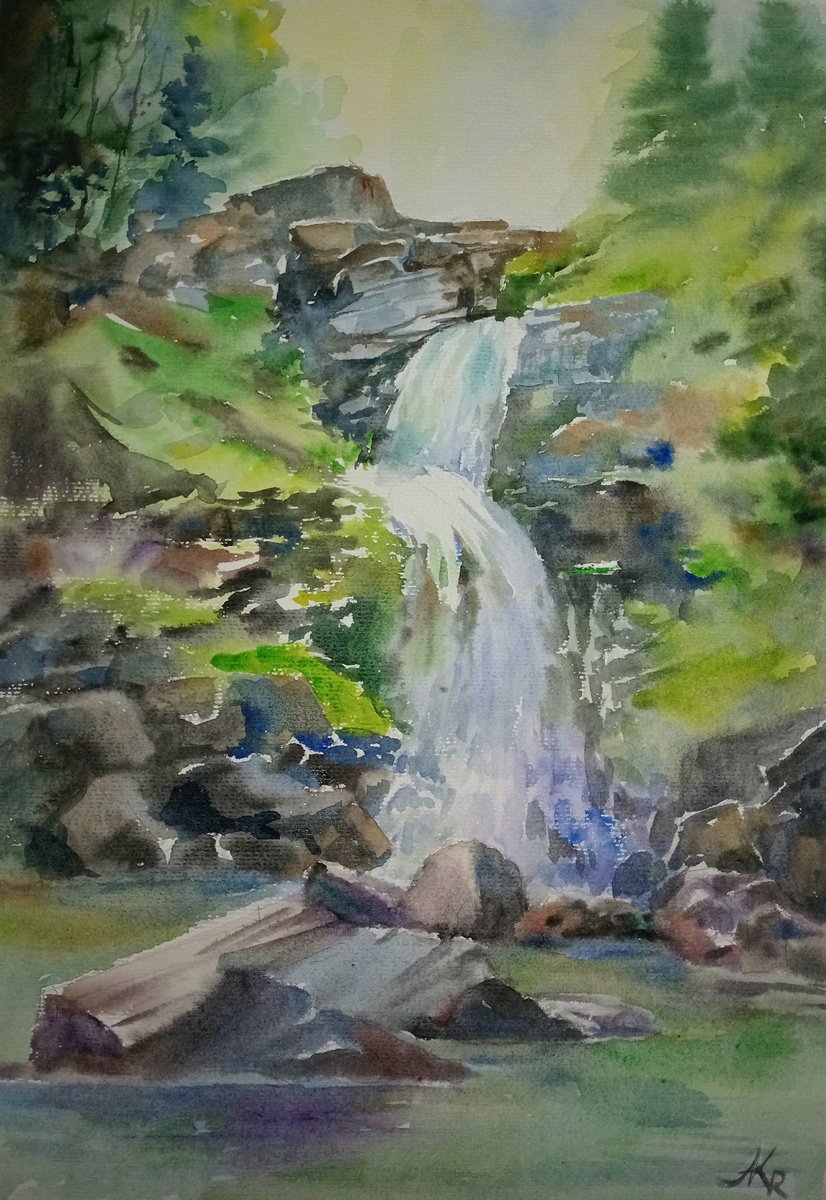 Impressionistic Landscape Watercolour By Ann Krasikova, 11 X 17, Waterfall, Original Artwork