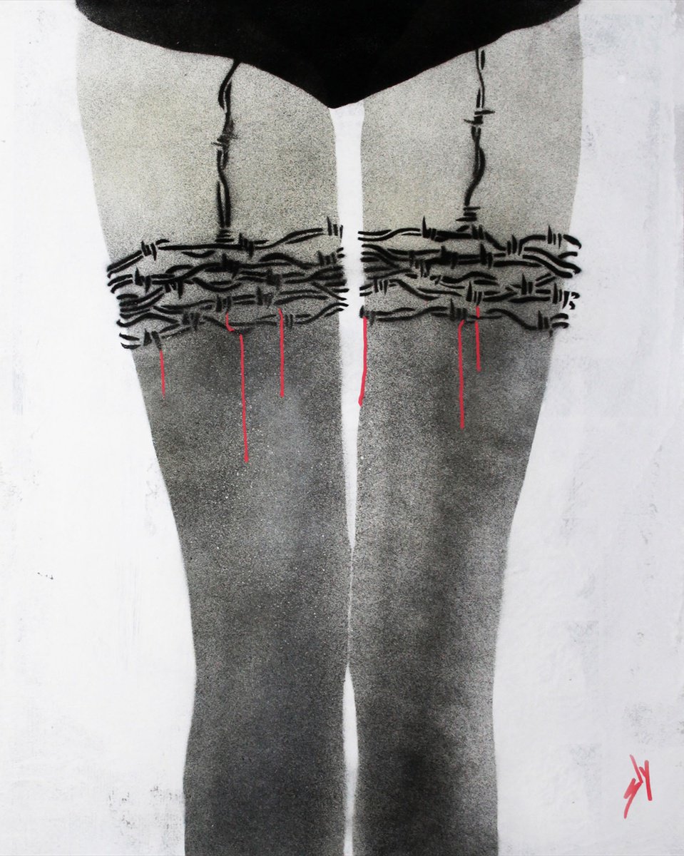 Urban And Pop Abstract Painting By Juan Sly, 23 X 30", Barbed Wire Stockings (U)., Original Artwork