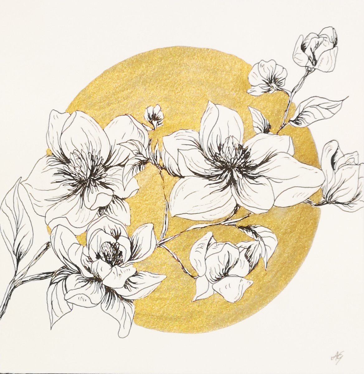 Illustrative Botanical Painting By Aneta Gajos, 8 X 8, Aztec Gold Magolia Branch, Original Artwork