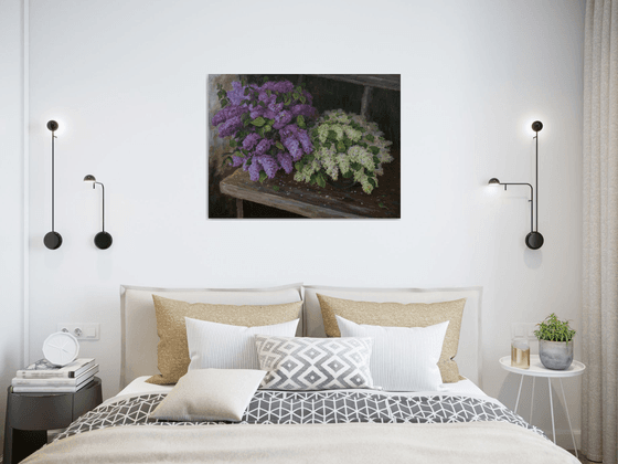 Lush Bouquets Of Lilacs On The Bench In The Garden - original floral spring oil painting on canvas