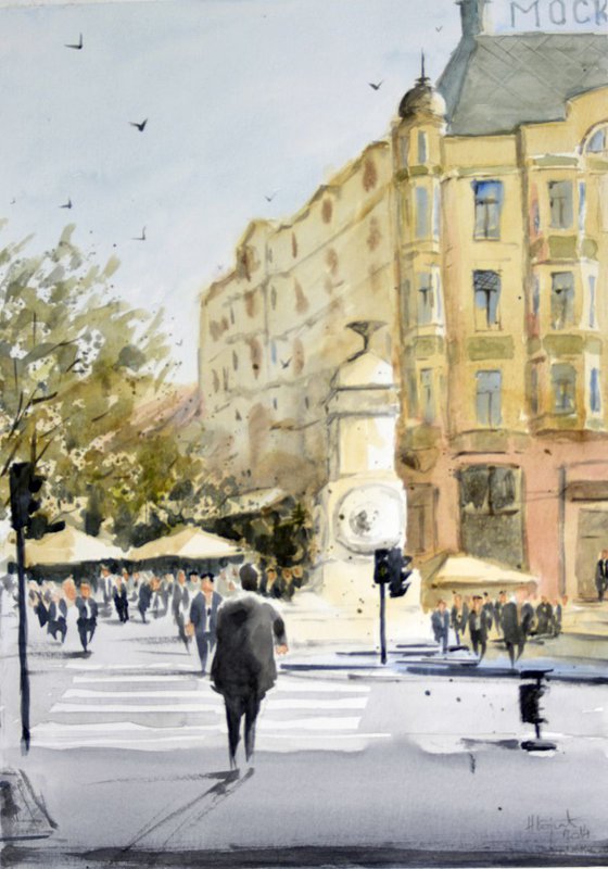Hotel Moskva 2, Belgrade - original watercolor painting