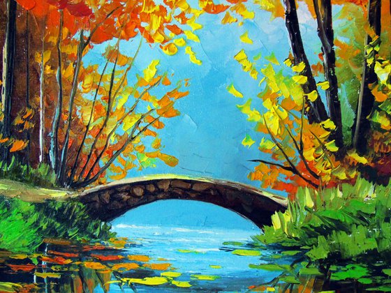 Autumn Pond with Bridge