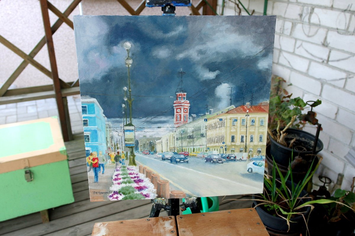 Impressionistic Cityscapes Oil Painting By Juri Semjonov, 16 X 16", St. Petersburg, Before The Storm, Original Artwork
