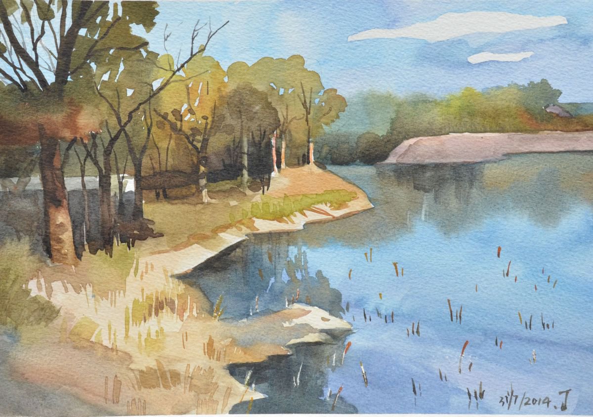 Impressionistic Landscape Watercolour By Jing Chen, 12 X 8, Riverside, Original Artwork