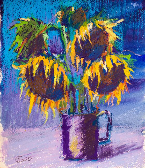 Sunflowers on blue. Oil pastel painting. Summer small painting interior decor