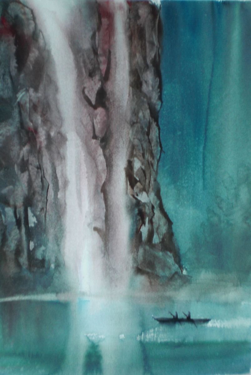 Expressive Landscape Watercolour By Giorgio Gosti, 13 X 19, Canoeing, Original Artwork