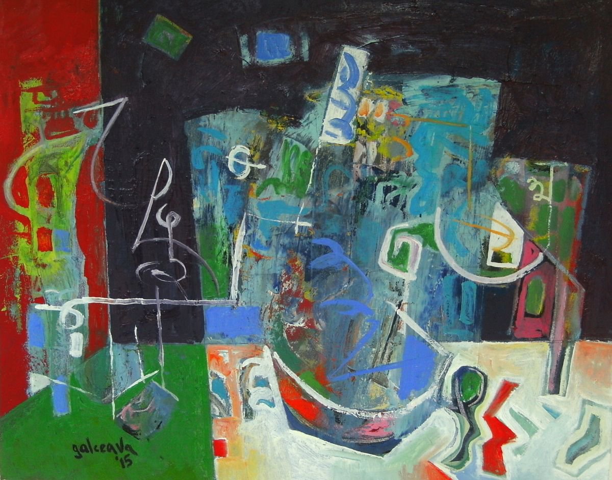 Abstract Oil Painting By Constantin Galceava, 20 X 16, Interior Space, Original Artwork