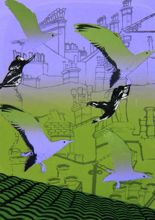 Purple and Green Birds Flying  by Eileen  St Julian-Bown