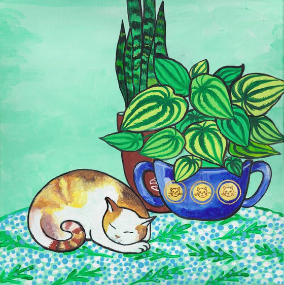 "Sleeping kitty" Maximalist Modern Matisse-Inspired Original Painting