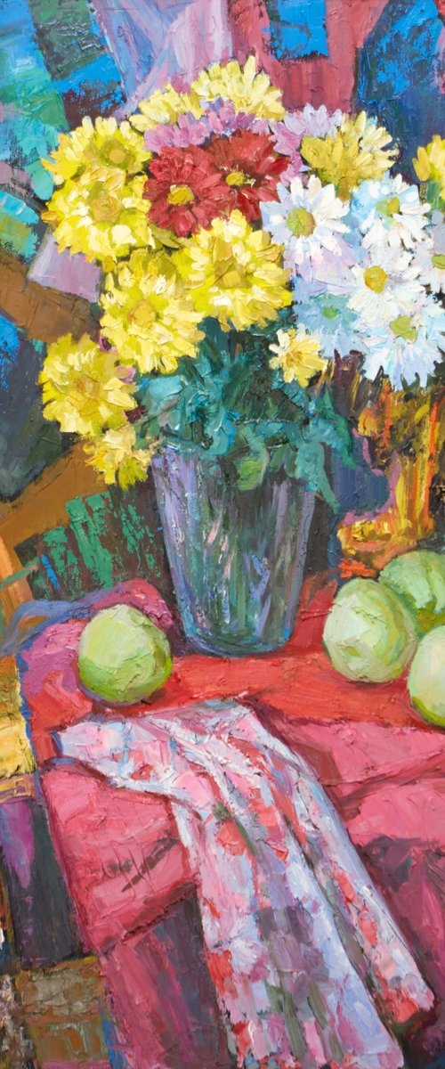 Still life with chrysanthemums - Original oil painting (2017) by Svetlana Norel