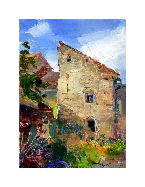 Ancient House . Streets of european old city Bardejov . Slovakia . Original plain air oil painting