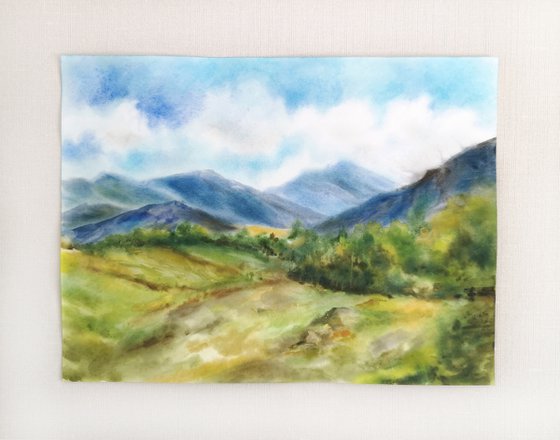 Mountain landscape. Summer landscape scenery. Watercolor landscape