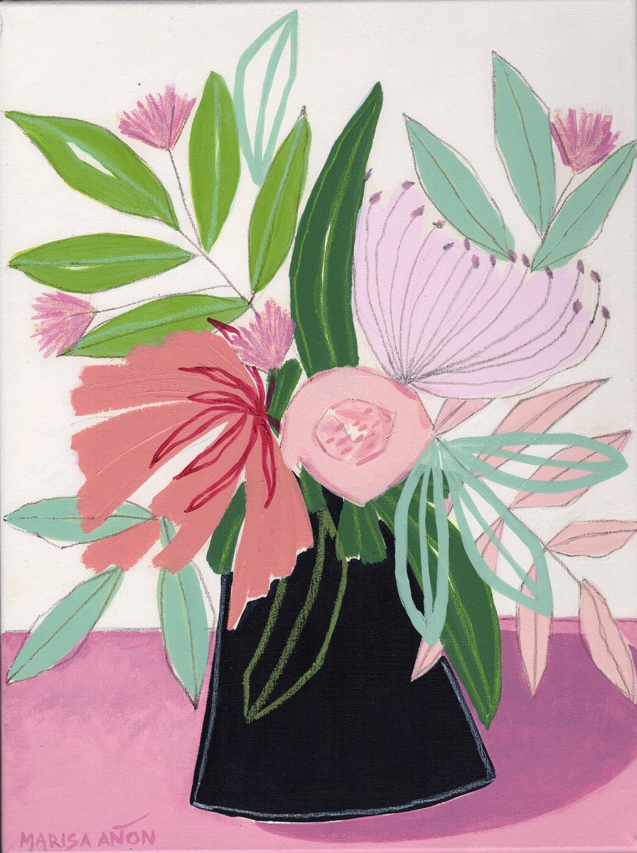 Impressionistic Still Life Acrylic Painting By Marisa Anon, 12 X 16", The Black Vase Ii, Original Artwork