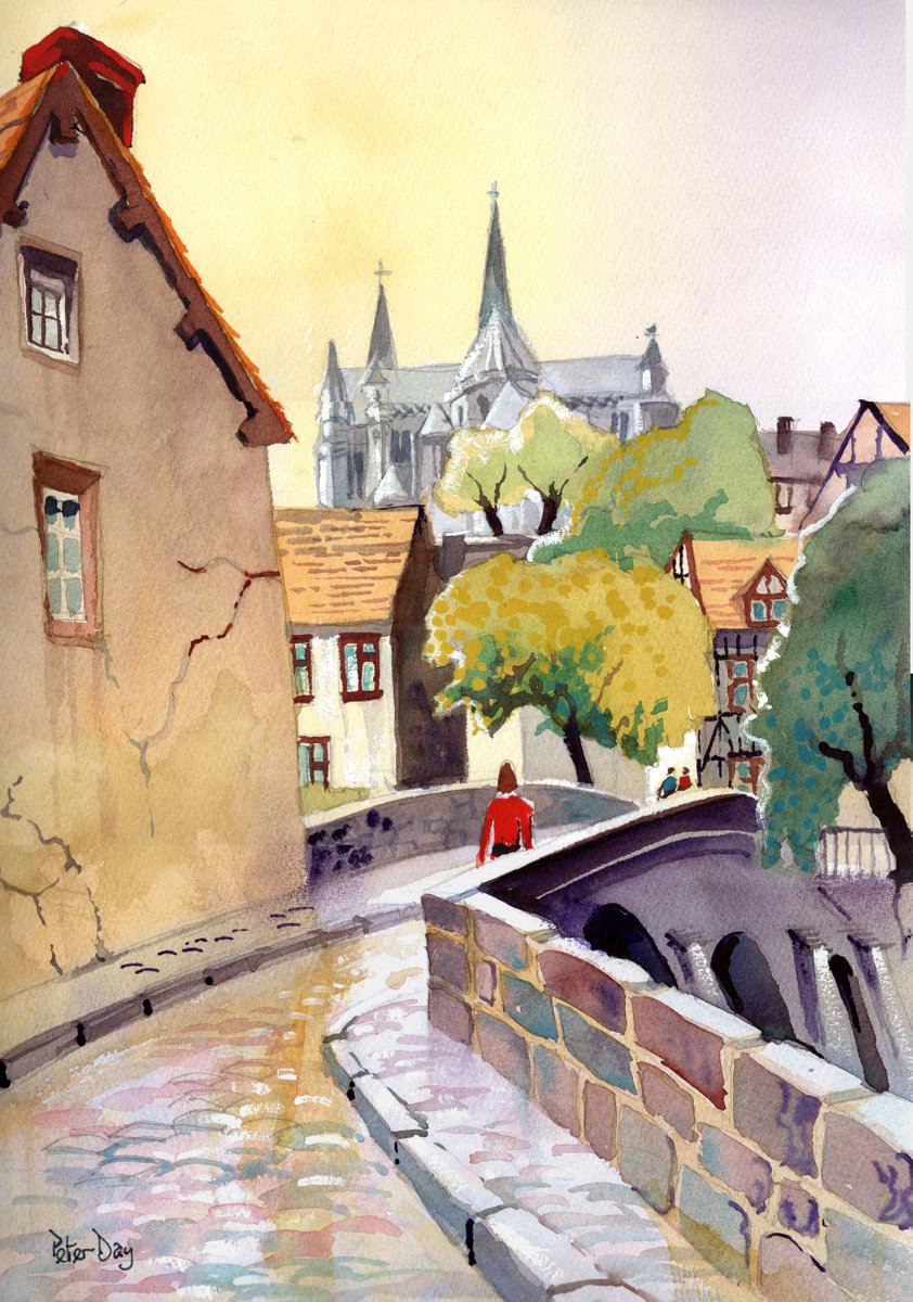 Impressionistic Cityscapes Watercolour By Peter Day, 13 X 17", Chartres, Bridge River Eure., Original Artwork