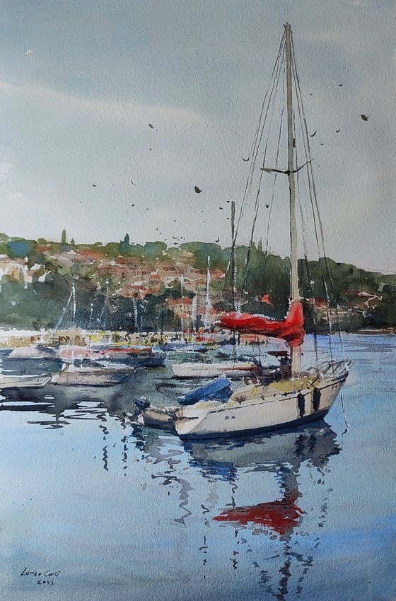 Croatia Opatija sailboat port watercolor painting (2023), Nautical wall art, Mediterranean Europe Impressionistic