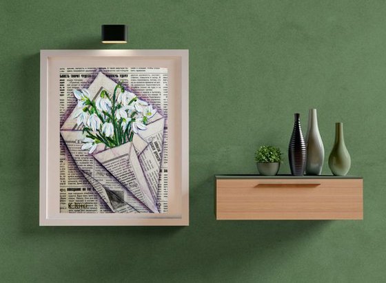 "Snowdrops in Newspaper Bag" Original Oil on Canvas Board Painting 7 by 10 inches (18x24 cm)