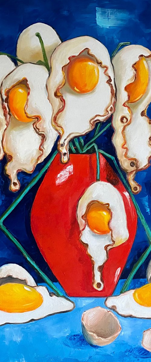 Budding egg flowers in red vase by Ta Byrne