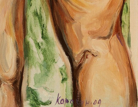 BRIGHT ON GREEN - nude erotic art - original oil painting, woman, girl, hair, back - large size impressionistic artwork