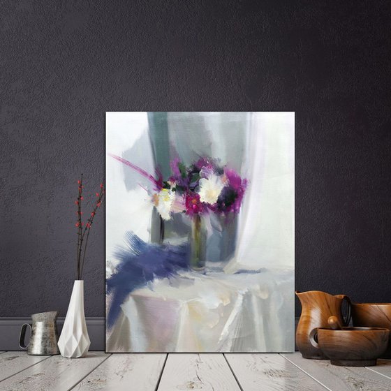 Original Still Life Painting with Flowers in Oil - Dry Silver