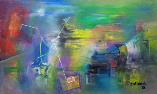 Before Sunset, Abstract Landscape, Oil Canvas, Modern painting, Rainbow tones,  Cozy House decor by Constantin Galceava