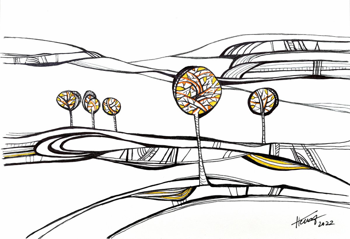 Abstract Landscape Ink Drawing By Aniko Hencz, 8 X 6, Hiding Trees, Original Artwork