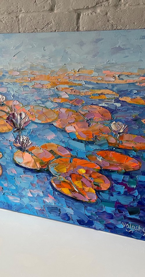 "Lilies on the lake". Water. Lake. Original oil painting. by Mary Voloshyna