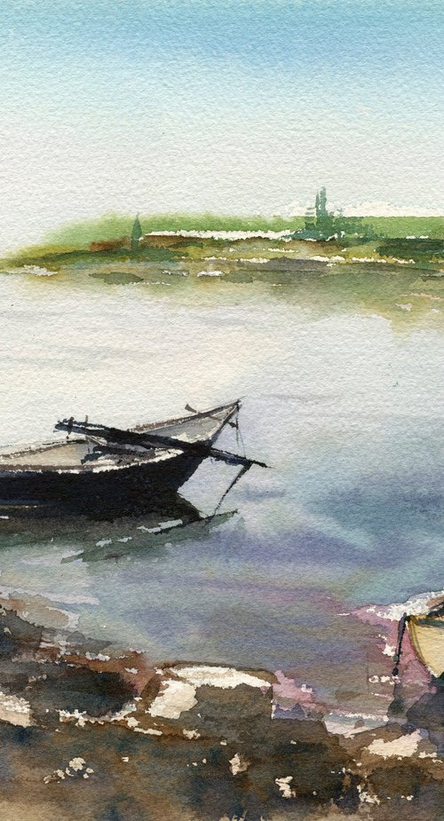 Boats original watercolor medium size with two boats by Irina Povaliaeva