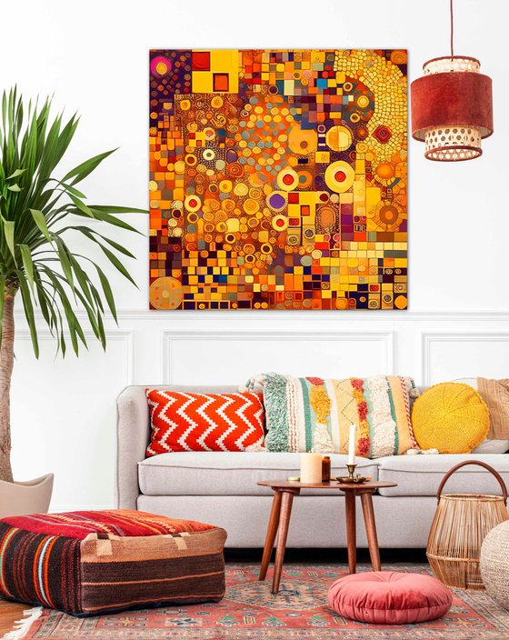 Klimt inspiration abstract. Large positive vibrant colors geometric abstract, bright wall art hanging
