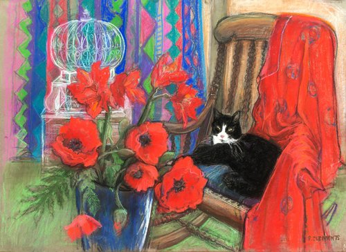 Black Cat and Poppies Still Life by Patricia Clements
