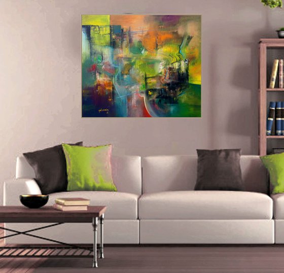 Immaterial Landscape, Home painting, Colorful art, Abstract Landscape, Blue green orange colorful oil on canvas